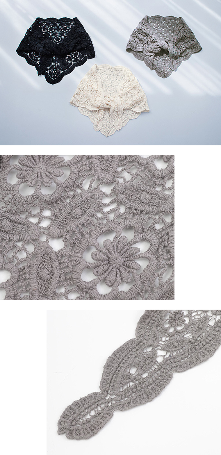 CURA STYLEのレース編みショール(ブラック、オフホワイト、グレー)の平置きと詳細カット