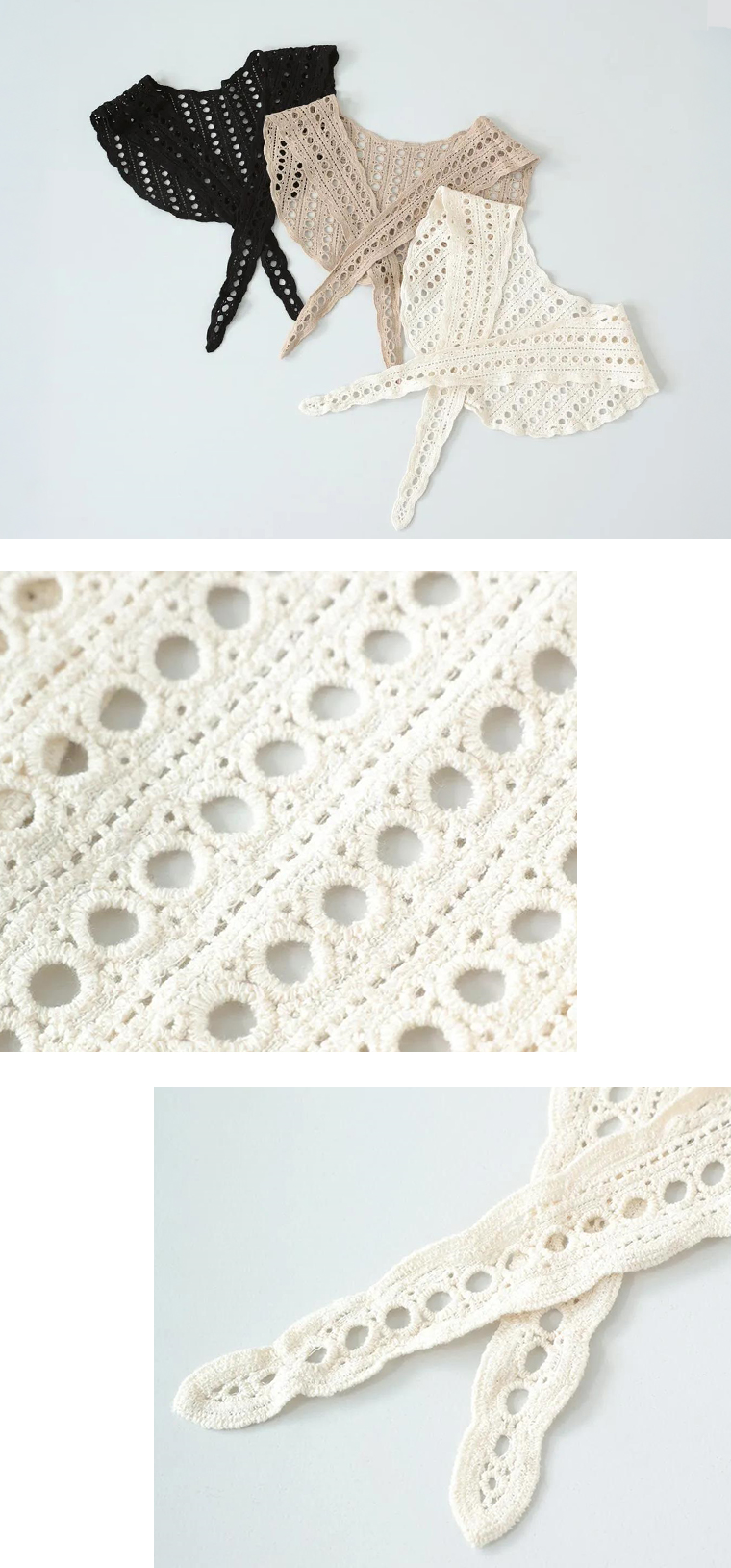 CURA STYLEのコットンレース編みショール(ブラック、ブラウン、オフホワイト)の平置きと詳細カット