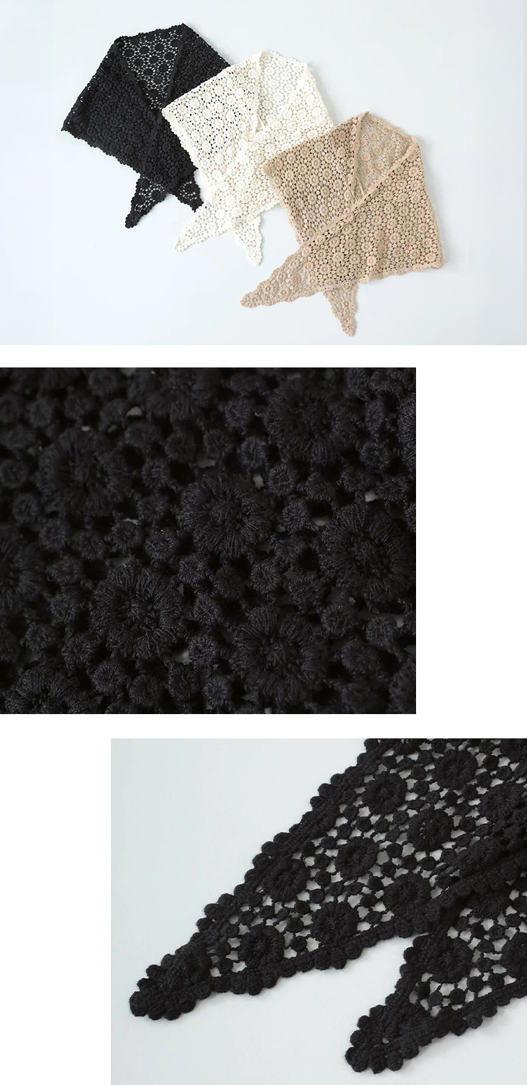 CURA STYLEのコットンさんかくお花柄レースショール(ブラック、ブラウン、オフホワイト)の平置きと詳細カット