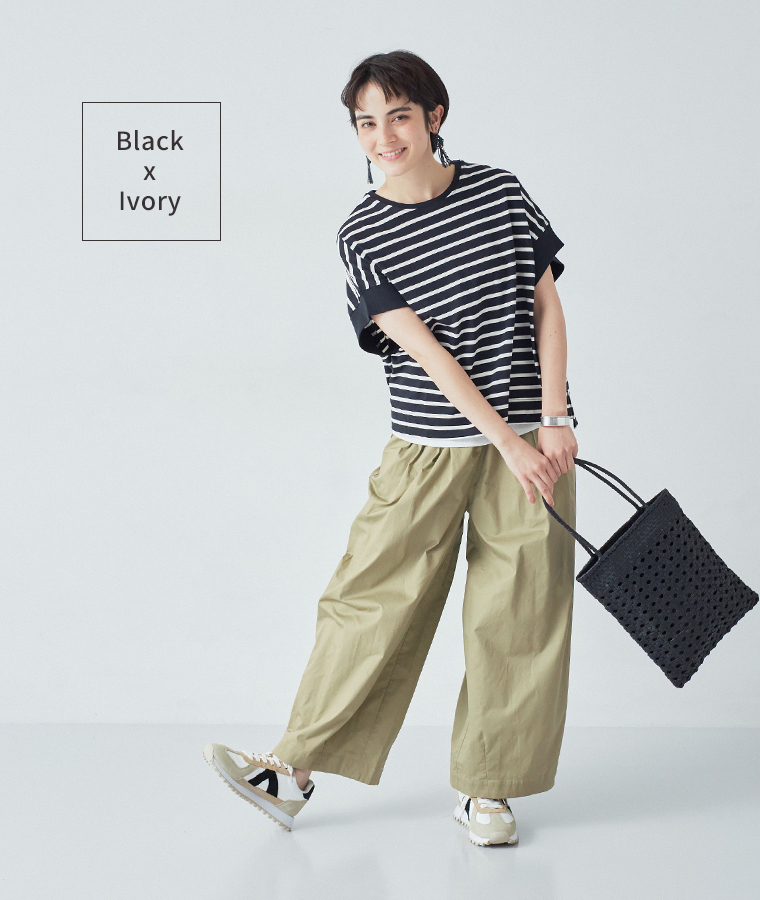 ワイドシルエットボーダーTシャツ(ブラック×アイボリー)着用の全身コーディネート