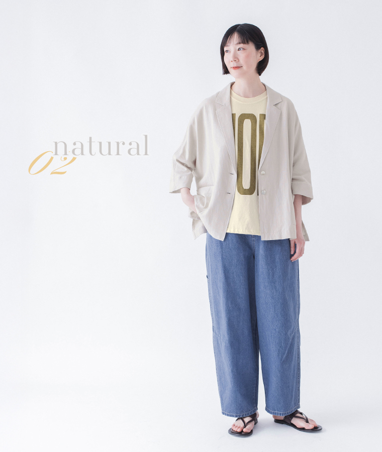 &yarn ドルマンテーラードジャケット　ナチュラル デニム合わせ 全身前