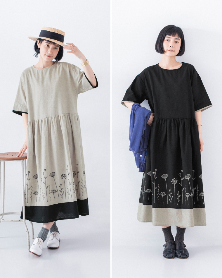 配色切替え刺繍ワンピースを色違いで着用した2人の商品イメージ。