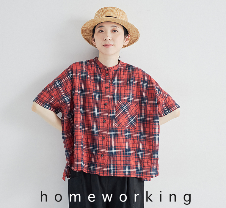 homeworking シャーリングチェックワイドブラウス