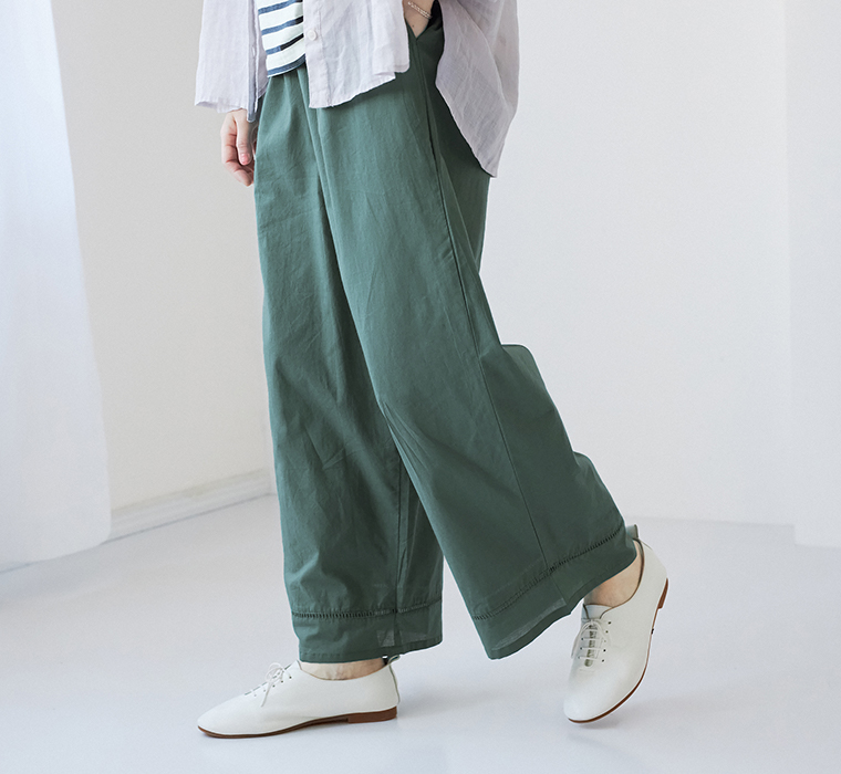Lintu Laulu はしごレースコットンペチパンツ グリーン 軽やかなワイドシルエットのコットンパンツ