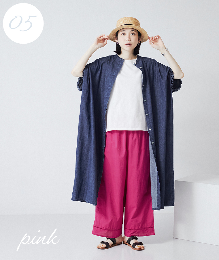 Lintu Laulu はしごレースコットンペチパンツ ピンクを主役にした夏のナチュラルコーディネート