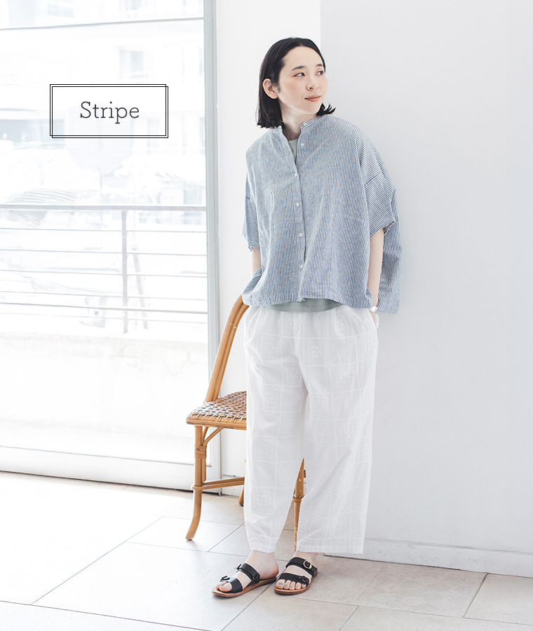 コットンリネンスクエアシャツ(ストライプ)の全身コーディネート