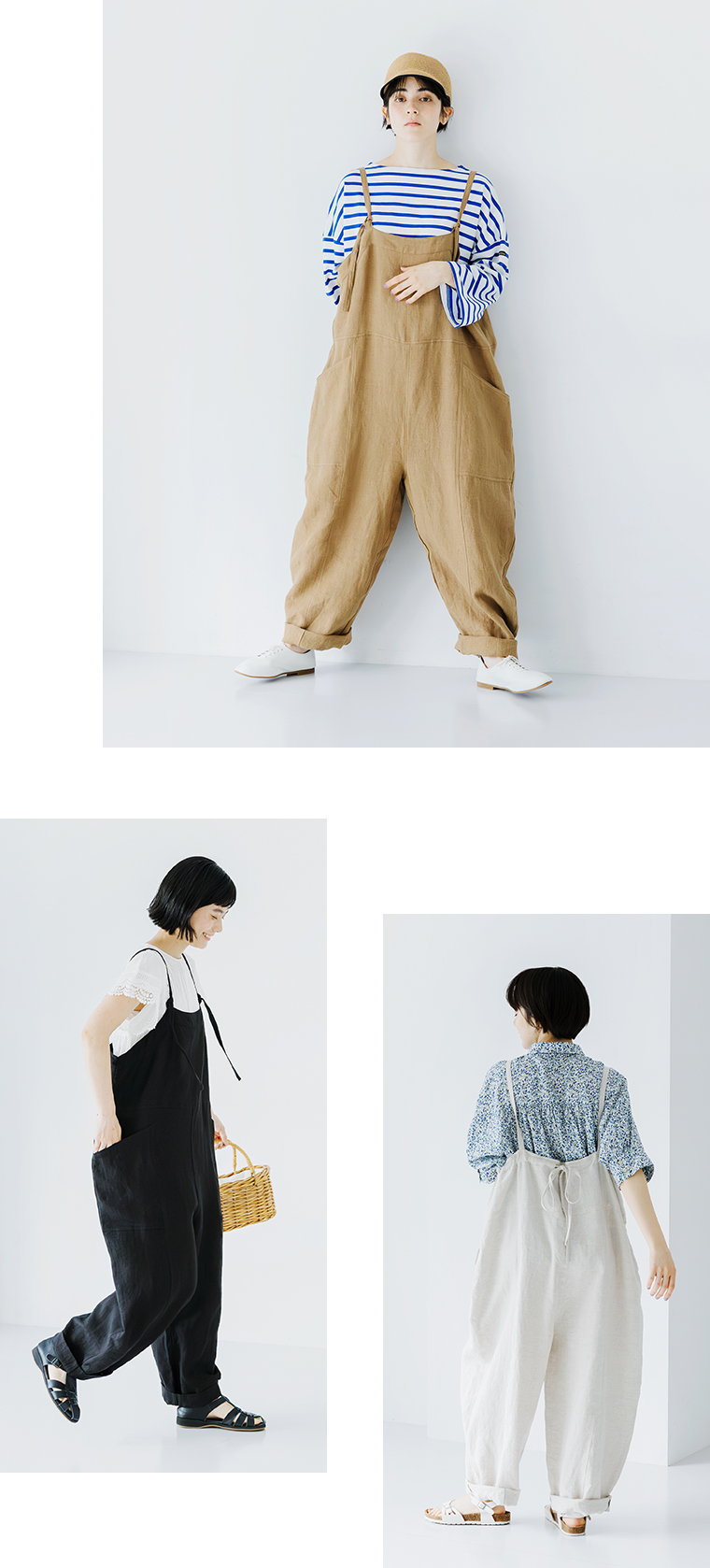 &yarn100％リネンバレルサロペットの着用コーディネート画像。ダークベージュ・ブラック・ナチュラルの3色展開で、ゆったりとしたシルエットが特徴。ボーダーカットソーやレーストップス、花柄ブラウスに合わせたナチュラルなスタイリング例。
