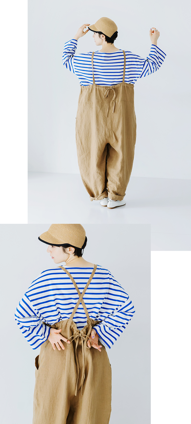 &yarn100％リネンバレルサロペット（ダークベージュ）の後ろ姿コーディネート画像。ブルー×ホワイトのボーダーカットソーに合わせ、背中のクロスストラップとリボン結びのディテールを写したカット。リネン素材の柔らかな風合いと軽やかなマリンスタイルを表現。