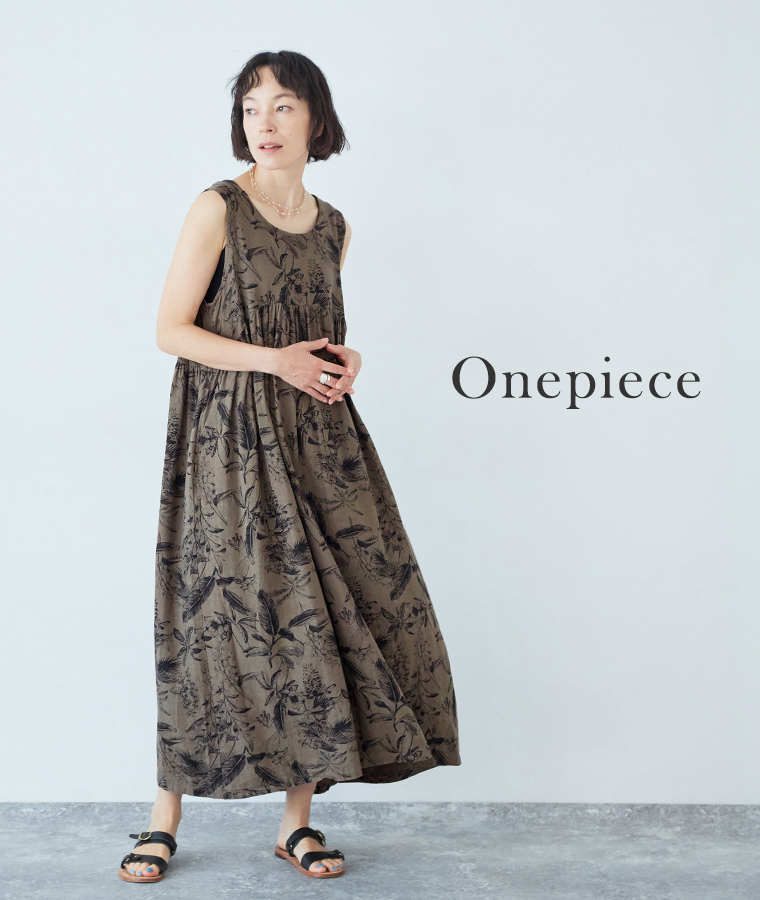 ICHI Antiquites ボタニカルプリントリネン混ワンピース