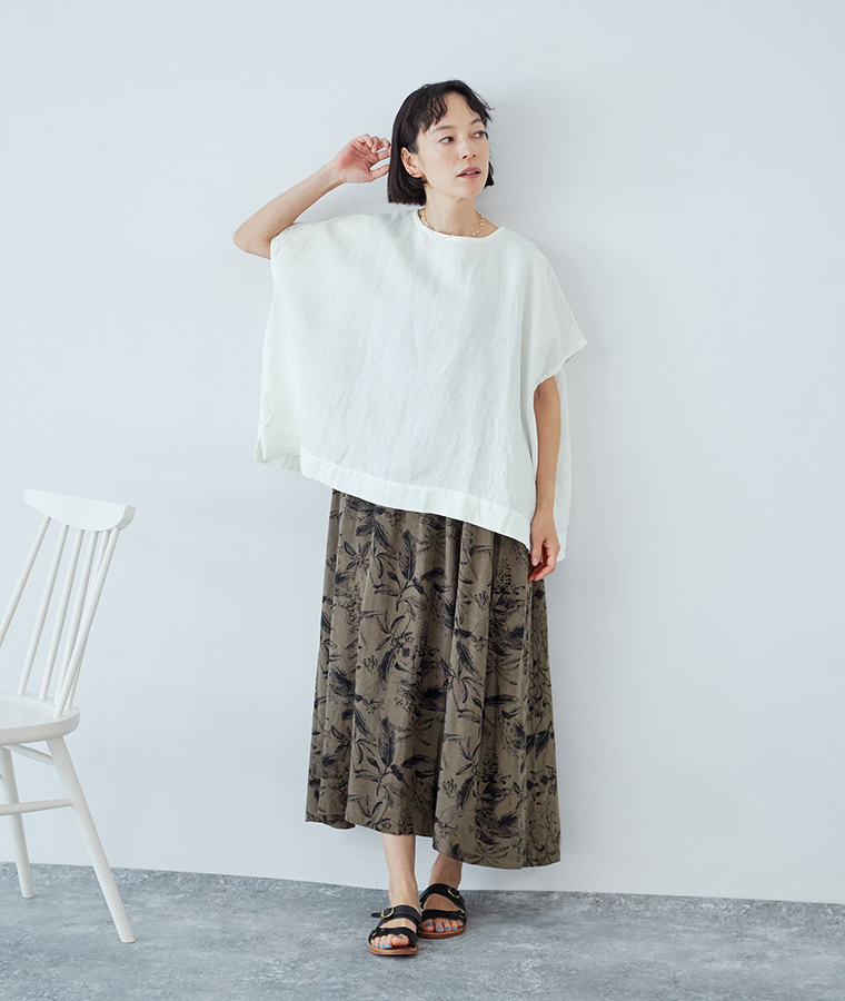 ICHI Antiquites ボタニカルプリントリネン混ワンピース 重ね着