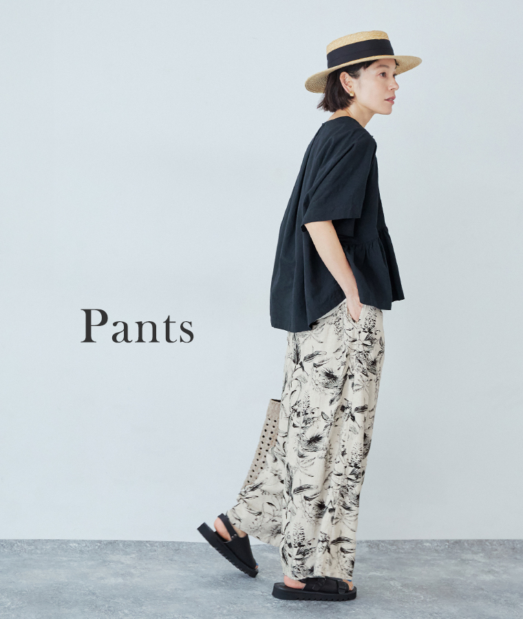 ICHI Antiquites ボタニカルプリントリネン混ワイドパンツ