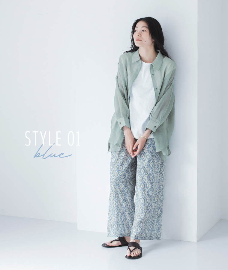 &yarn タイル総柄プリントパンツ ブルー