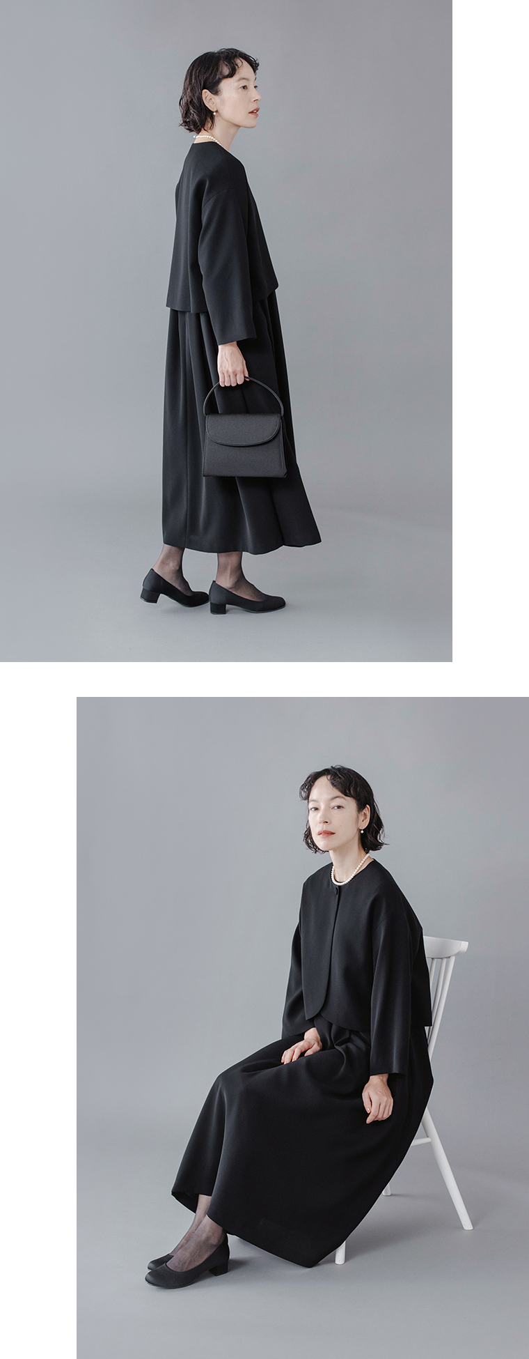 Luuna miu【慶弔両用】大切な日のジャケット＆ワンピースセットの着用イメージ。黒のジャケットとロングワンピースを合わせたフォーマルスタイルを、立ち姿と着席姿の2カットで紹介。上品なパールネックレスと黒のハンドバッグを合わせ、落ち着いたグレー背景の中でシンプルな美しさが際立つ商品画像。