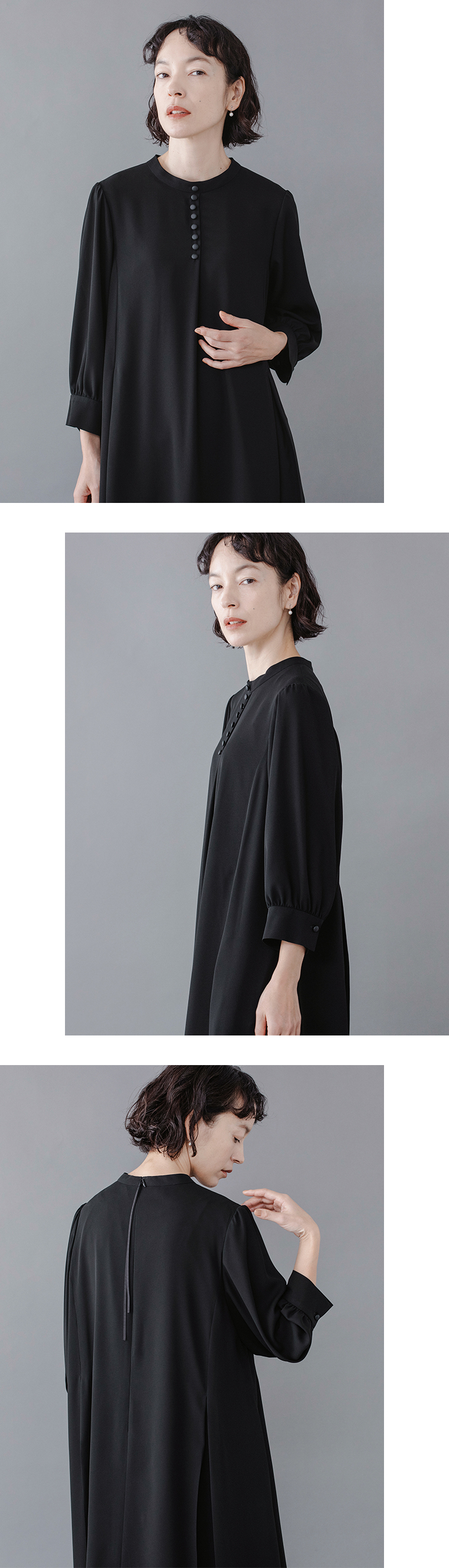 Luuna miu【慶弔両用】大切な日のボタンフレアワンピースのディテールイメージ。黒のロングワンピースを着たモデルがグレー背景の前で立ち、前面のくるみボタンや袖口のデザイン、背中のファスナー部分を見せている。シンプルながらも女性らしいシルエットと上品な質感が際立つ商品画像。