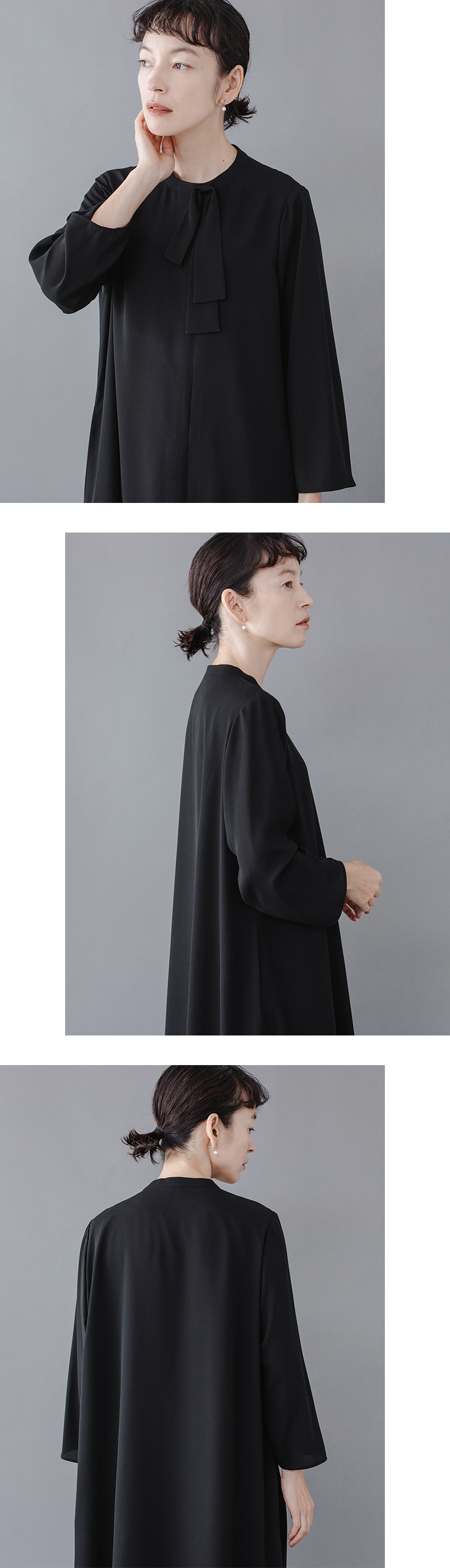 Luuna miu【慶弔両用】大切な日のボウタイAラインワンピースのディテールイメージ。黒のロングワンピースを着たモデルがグレー背景の前で立ち、首元のボウタイが上品に揺れる様子を正面・横・後ろの3カットで紹介。シンプルなAラインシルエットが美しく、柔らかな生地の落ち感が際立つフォーマルスタイルの商品画像。