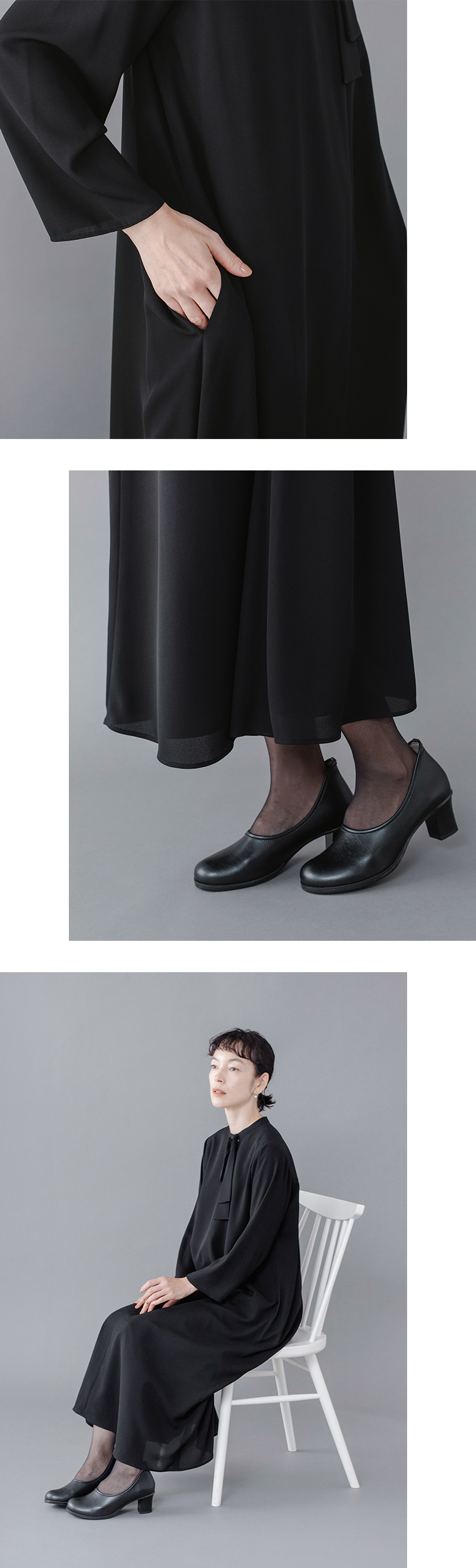 Luuna miu【慶弔両用】大切な日のボウタイAラインワンピース着用イメージ。黒のワンピースを着たモデルがポケットに手を入れた横向きカット、裾の軽やかな揺れ、そして椅子に座る全身カットの3構成。シンプルなデザインながらも上品なドレープとフォーマルな佇まいが際立つ商品画像。