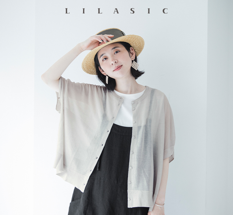 LILASIC シアーニット2wayカーディガン(ライトグレー)着用の上半身寄りカット