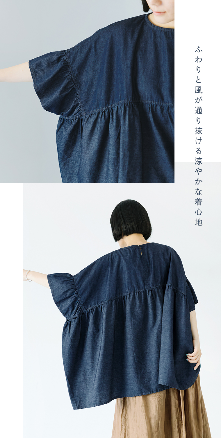 Sorte cuffぜいたくギャザーワイドブラウス（インディゴ）のディテールとバックシルエット。ふんわりと風が通り抜ける涼やかな着心地が伝わる商品画像。軽やかな素材感とギャザーの立体的な表情が特徴。
