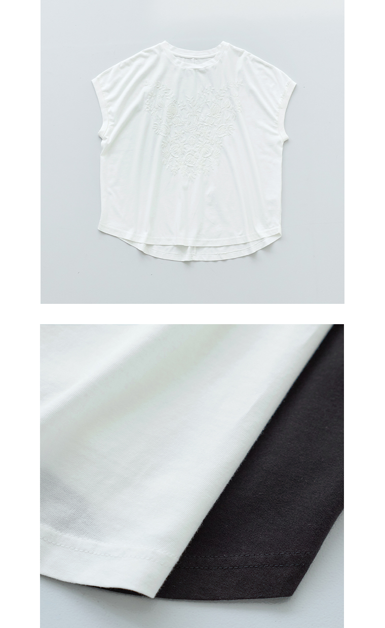 ボタニカル刺繍ワイドTシャツ(ホワイト)の平置きと各色生地アップカット
