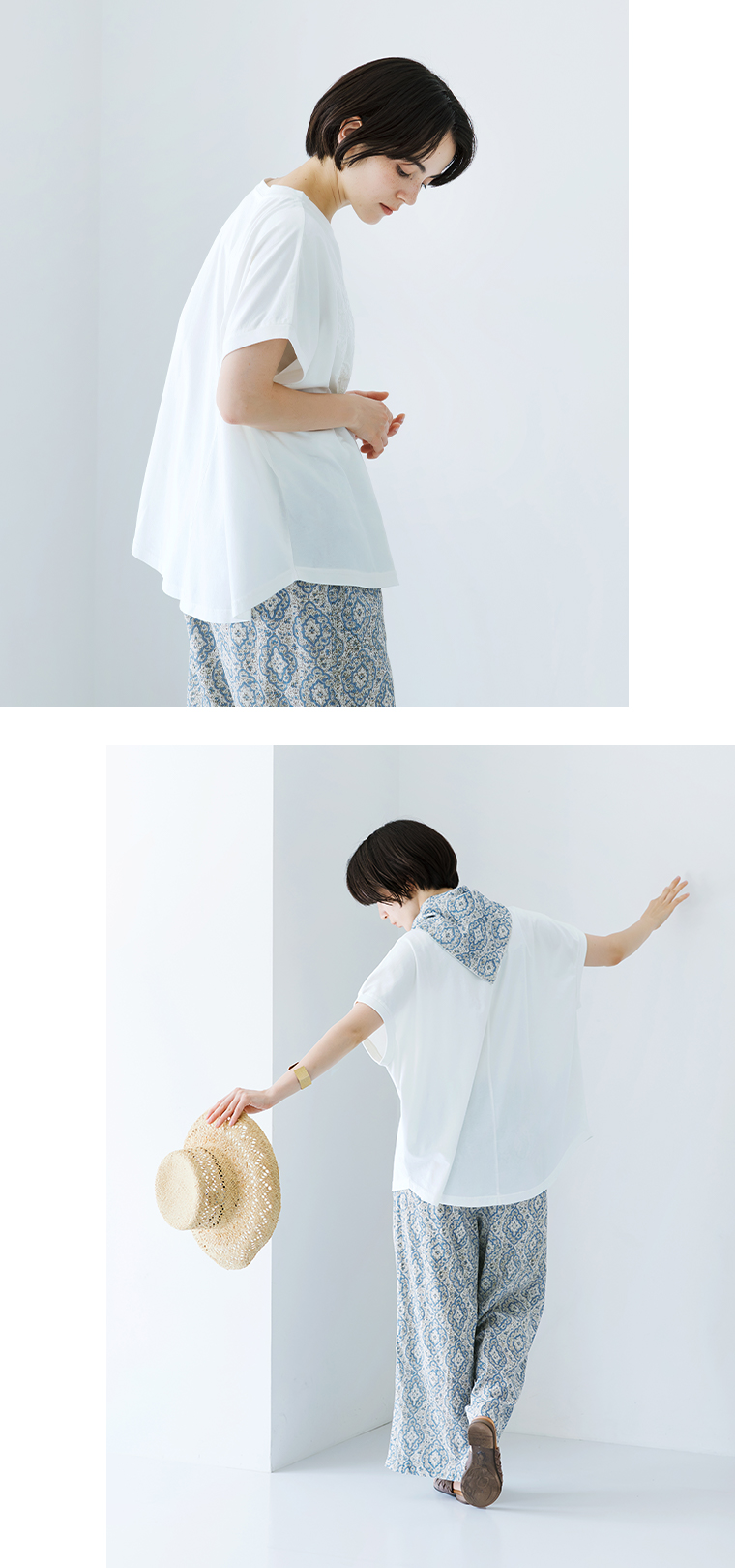 ボタニカル刺繍ワイドTシャツ(ホワイト)横向きと全身バックシルエット