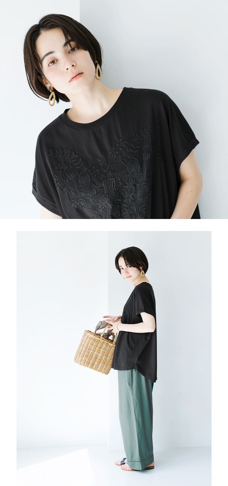 ボタニカル刺繍ワイドTシャツ(ブラック)首元寄りと全身横のカット