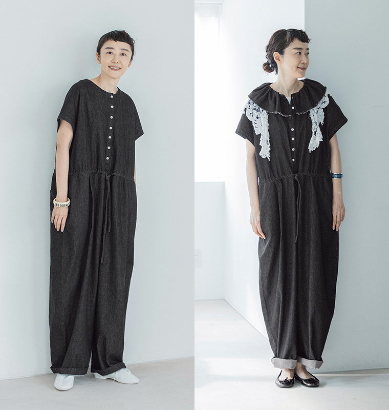 &yarn 滝口和代さんコラボ　or frill all in oneを着用したイメージ。黒のフリル付きオールインワンをシンプルに着こなしたスタイル（左）と、レースの付け襟を合わせた華やかなスタイル（右）の比較商品画像。