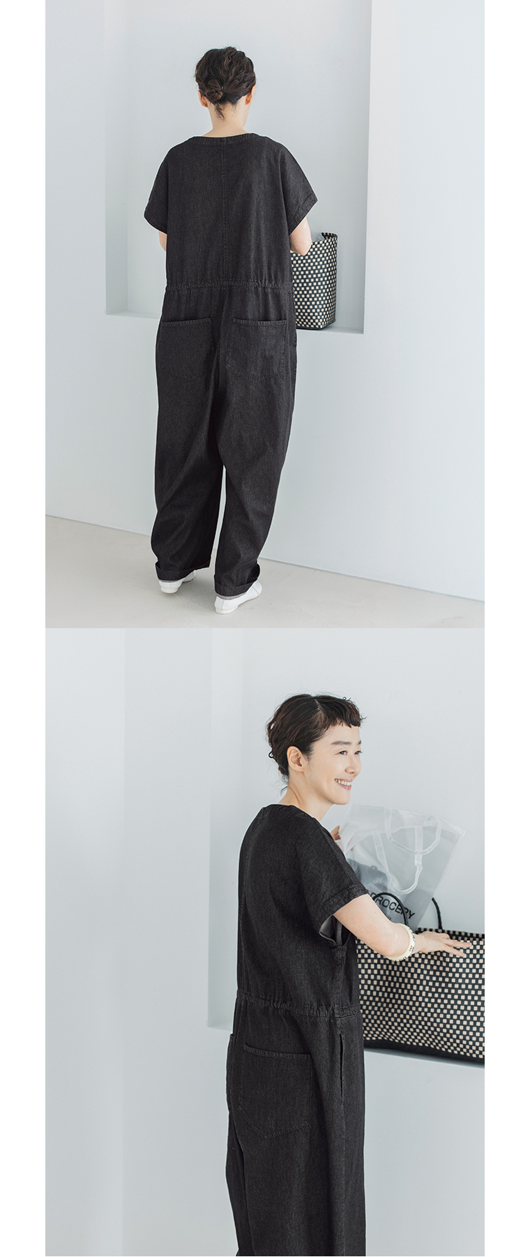 &yarn 滝口和代さんコラボ　or frill all in oneのバックスタイルとサイドディテール。黒のオールインワンの後ろ姿では大きめポケットと自然な落ち感が際立ち、横向きでは軽やかな素材感とリラックスしたシルエットが伝わる。ミニマルな空間でナチュラルな雰囲気を表現した商品画像。
