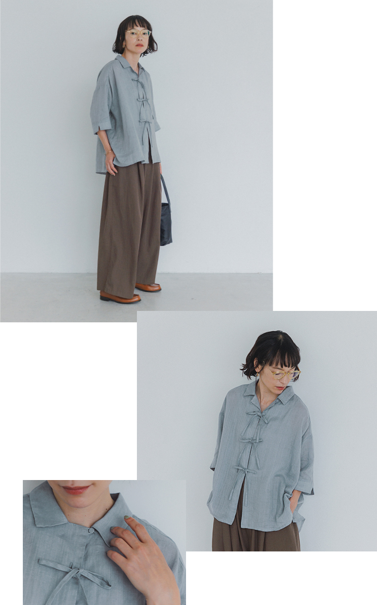 玄長なおこさんコラボブラウス(ブルー)着用の詳細カット