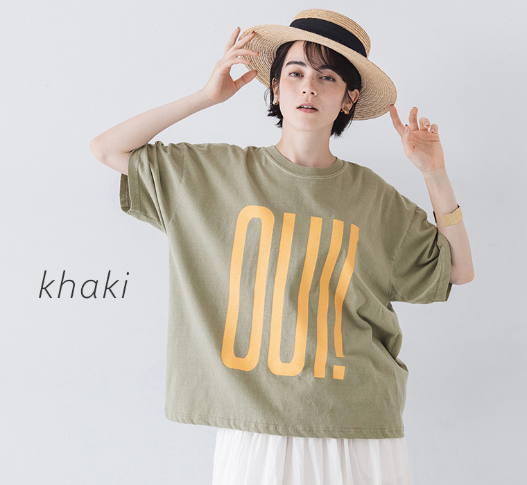 ichi コットンピグメントTシャツ OUI！NON！ カーキ