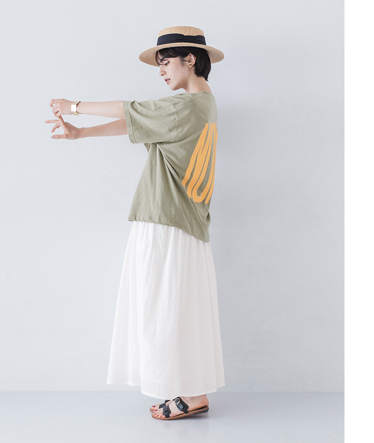 ichi コットンピグメントTシャツ OUI！NON！ カーキ 全身横