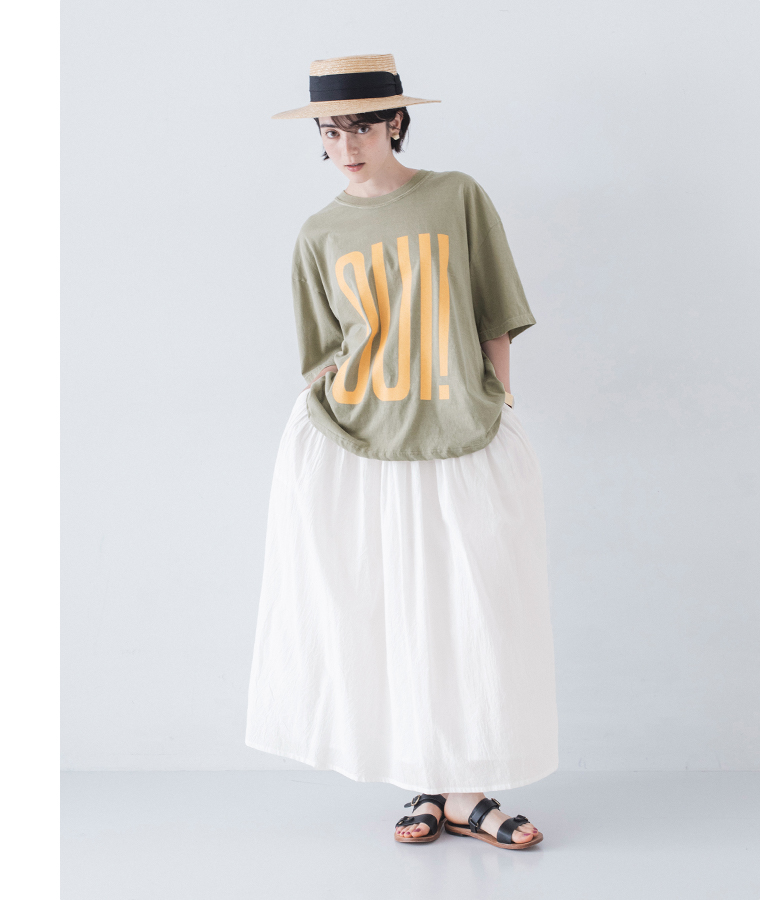 ichi コットンピグメントTシャツ OUI！NON！ カーキ 全身前