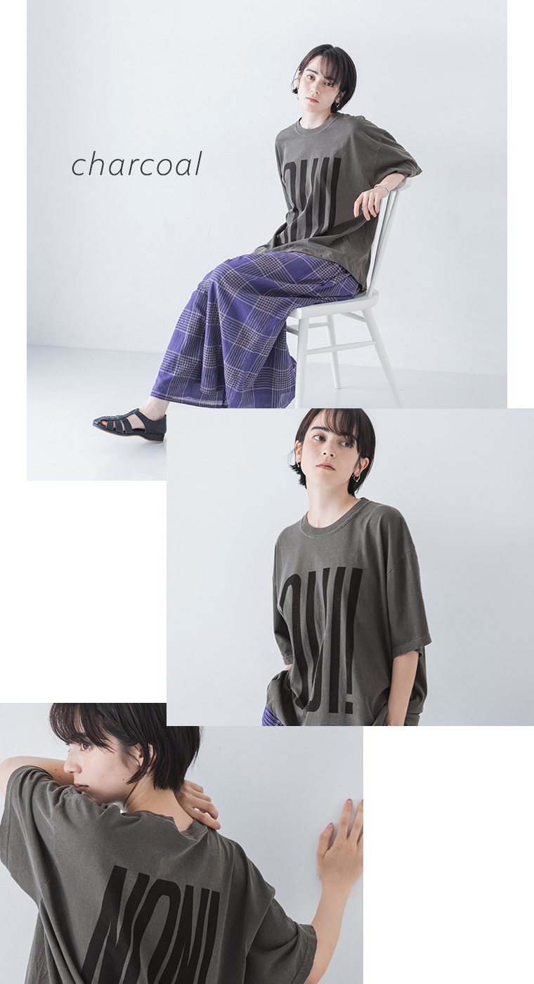 ichi コットンピグメントTシャツ OUI！NON！　チャコール