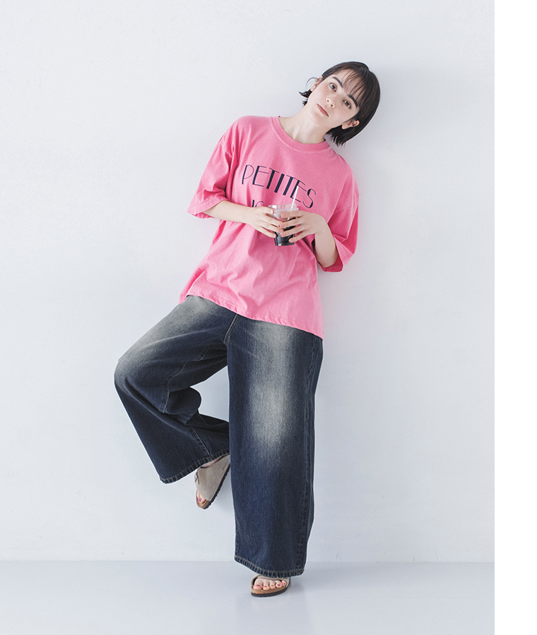 ichi コットンピグメントTシャツ PETITES　JOIES ピンク 全身前
