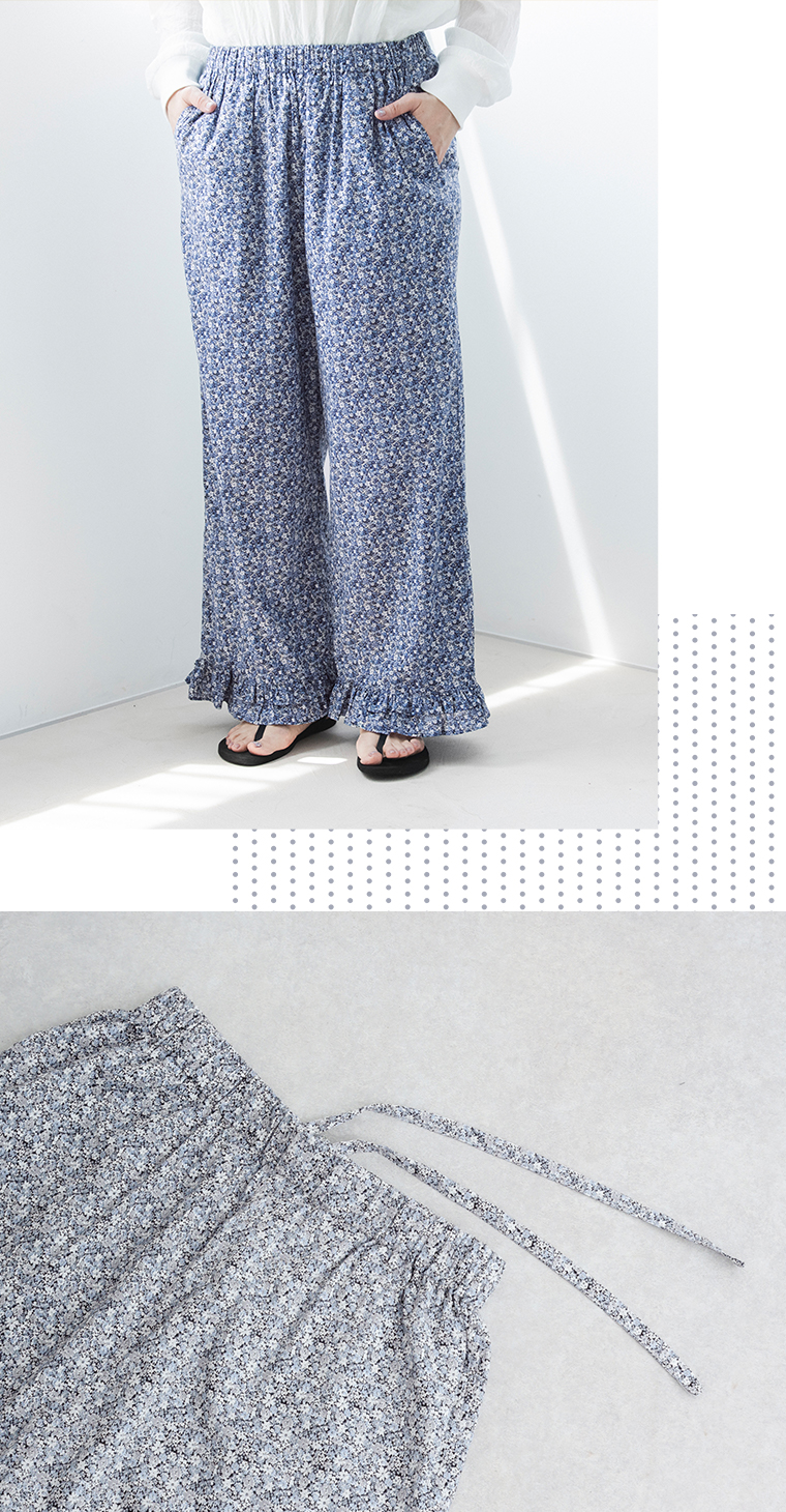 着るたびときめく花柄パンツ ネイビーを着用したモデルの着用画像とウエスト紐のディテール画像