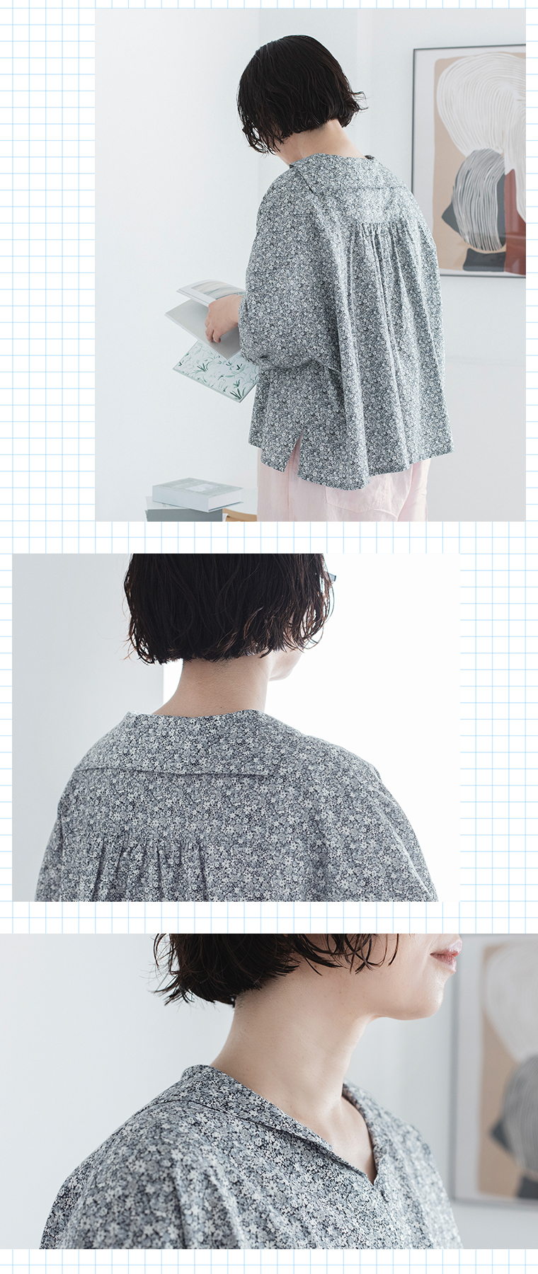 着るたびときめく花柄ブラウス グレーを着用したモデルの読書シーン画像と後ろ姿・襟元のディテール画像