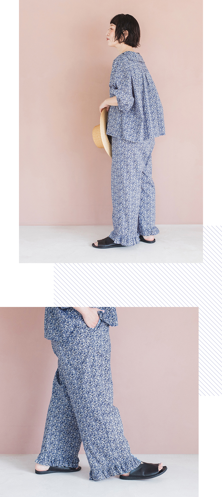 着るたびときめく花柄ブラウス＆パンツ ネイビーを着用したモデルの横向き全身画像とパンツ裾のディテール画像