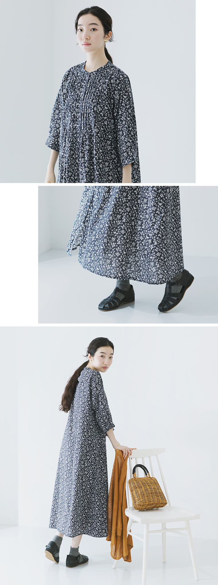 blue willow コットンオリジナル花柄プリントワンピース ネイビー 上半身寄りと裾寄り