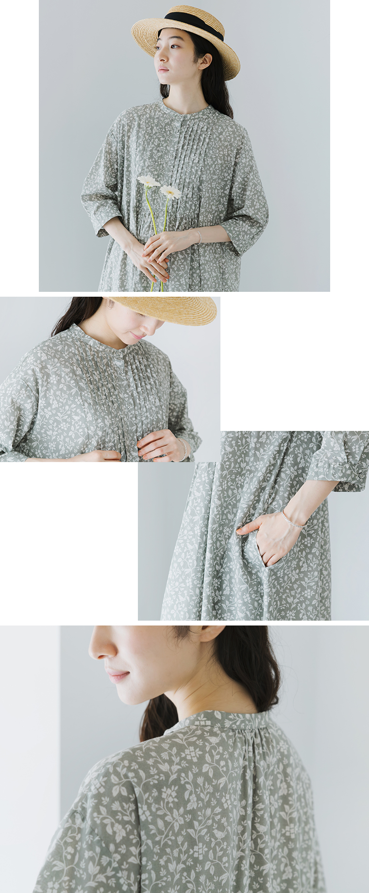 blue willow コットンオリジナル花柄プリントワンピース グレー  上半身前とポケット寄り