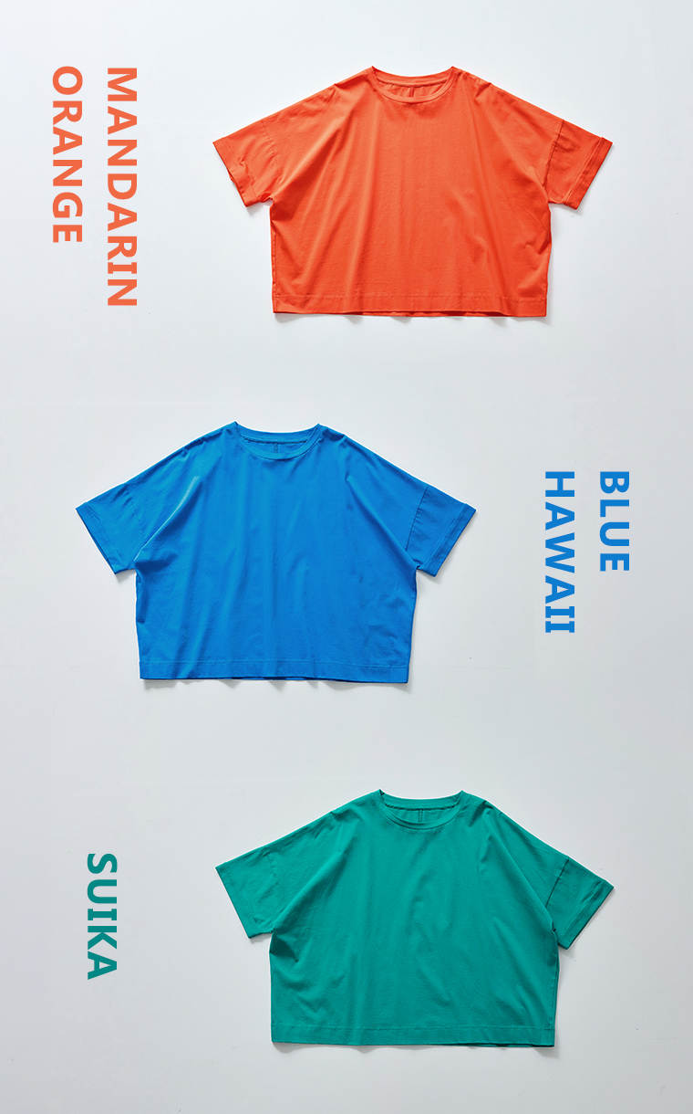 ドライタッチコットンTシャツのマンダリンオレンジ、ブルーハワイ、スイカの3色を並べた商品画像
