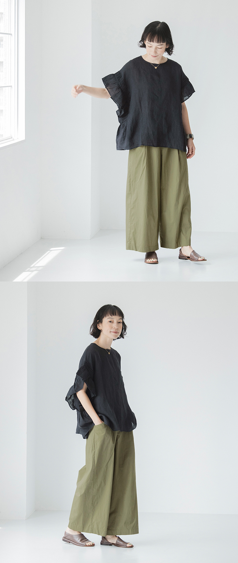 LUPILIEN by natulan 涼やかリネンの風通るブラウス（ブラック）に、カーキのワイドパンツとブラウンのサンダルを合わせたモデルの全身コーディネート2カット画像