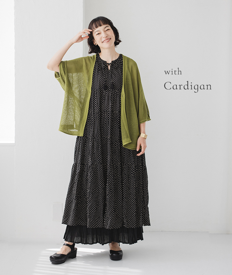 &yarn ノースリーブドットワンピース カーディガン合わせ