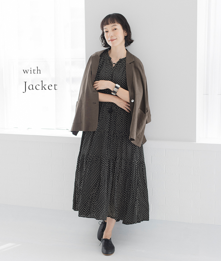 &yarn ノースリーブドットワンピース ジャケット合わせ