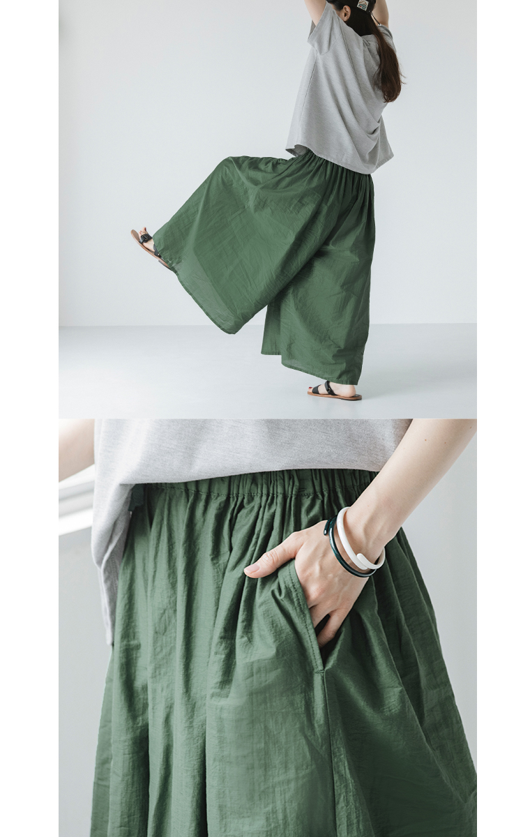 &yarn真夏のシアーフレアワイドパンツ（グリーン）の着用イメージと、ウエストゴム・ポケット部分のディテールアップ画像