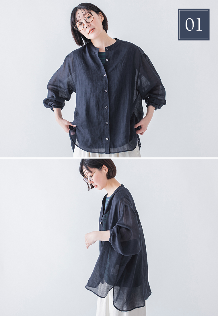 &yarn シアーリネンバンドカラーブラウス ネイビー 上半身寄り2カット