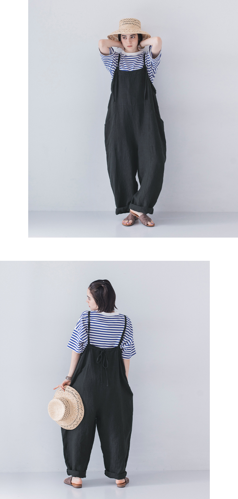 ブラックのリネンサロペットとブルーボーダーのプルオーバーを着用した女性モデルの全身スタイルと後ろ姿