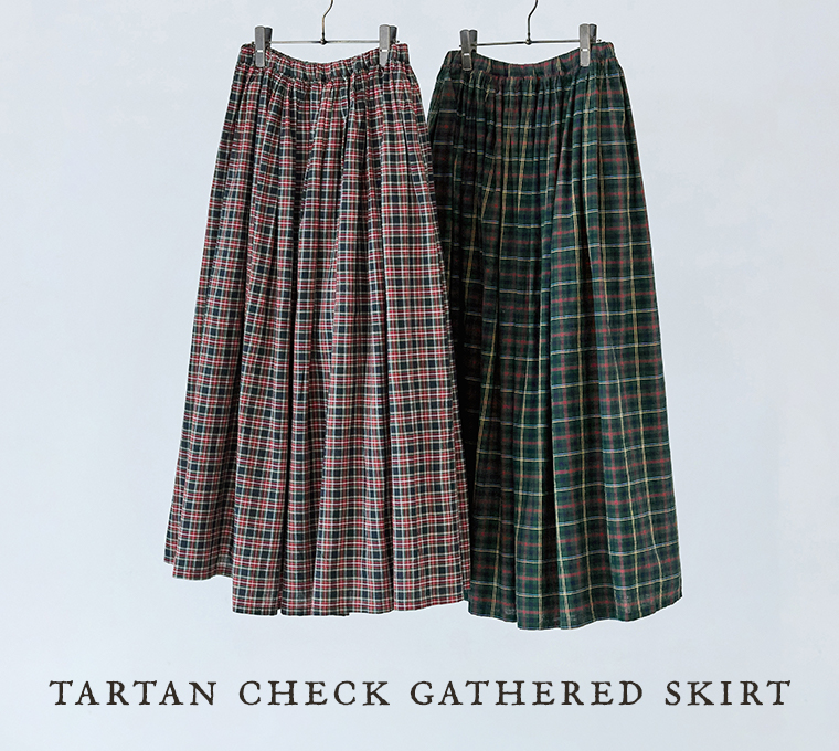タータンチェックギャザースカートのレッドとグリーンを並べた商品画像