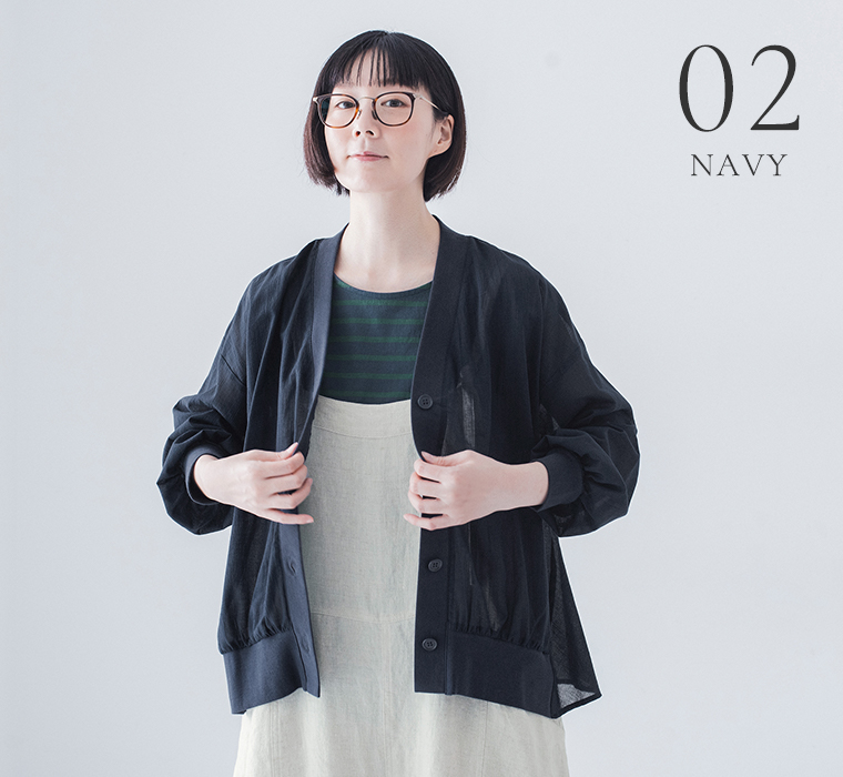 &yarn コットンシアーVネックカーディガン　ネイビー