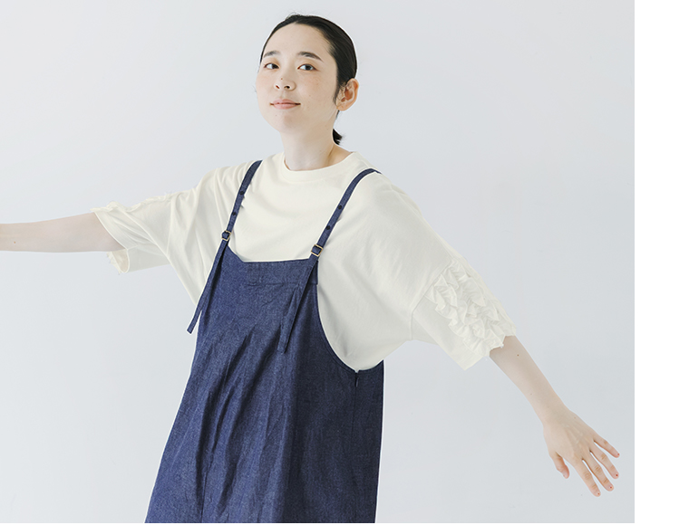 nop de nod 着るだけでサマになるUSコットンフリル5分袖Tシャツ オフホワイト