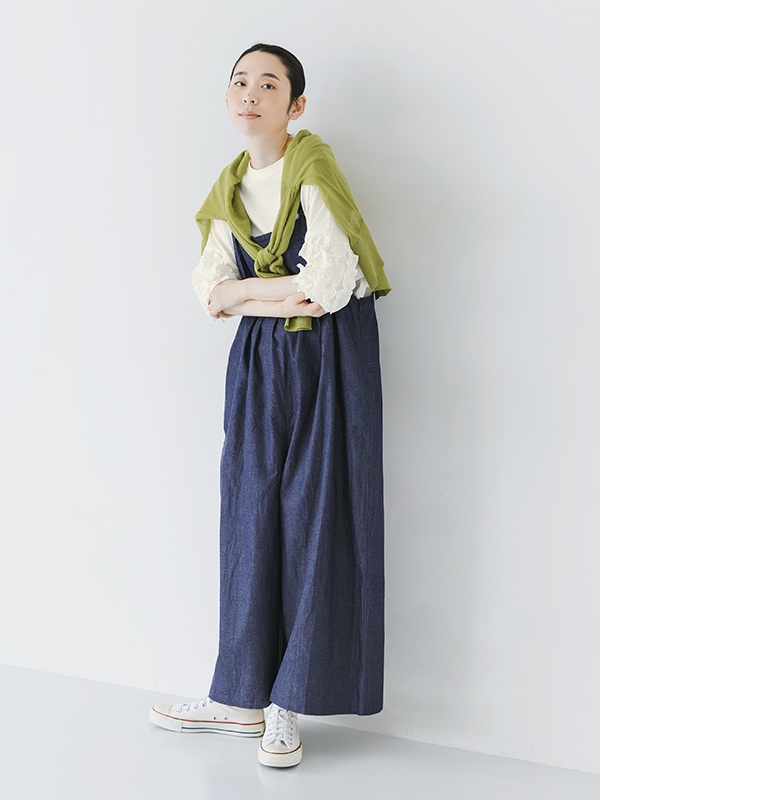 nop de nod 着るだけでサマになるUSコットンフリル5分袖Tシャツ オフホワイト 全身前後