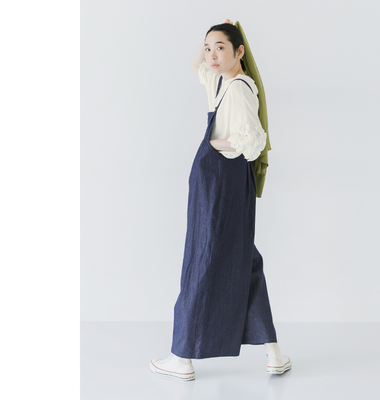 nop de nod 着るだけでサマになるUSコットンフリル5分袖Tシャツ オフホワイト 全身前後